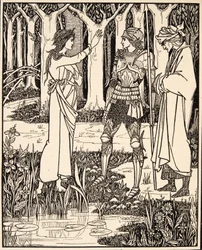 Jezerní paní vypráví Artušovi o meči Excaliburu, 1894 (rytina)