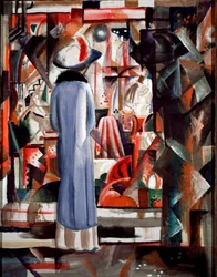 Velká osvětlená vitrína Žena v dlouhém kabátě a klobouku se dívá na vitrínu. Obraz August Macke (1887-1914) 1912 Rozm. 105x85 cm Hannover, Sprengelovo muzeum