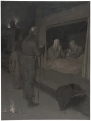 Njal, Bergthora a Thord Karisson se rozhodnou nechat se upálit zaživa. Ilustrace k Njalově sáze, kap. 129