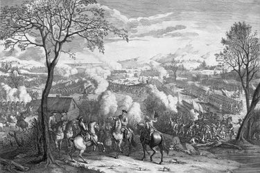 Bitva u Cullodenu 16. dubna 1746, vyryto Lukem Sullivanem, kolem roku 1746 (barevná rytina)