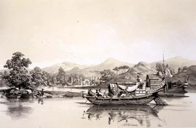 Čínský trajekt mezi celnicí v Tchynay a Kantonem, deska 18 z „Sketches of China“, vyrytý Eugene Ciceri (1813-90) 1842 (tónované litho)