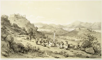 Celkový pohled na Macao, deska 11 z „Sketches of China“, vyryl Eugene Ciceri (1813-90) 1842 (tónované litho)