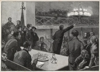 Setkání pro stávku u Vooruit v roce 1885 - rytina v roce 1885 „Le monde illustrious“ - kresba Gerardin