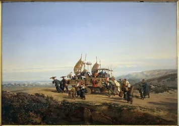 Cestovatelé používají chariot s plachtami a střílí muži. Obraz Auguste Borget