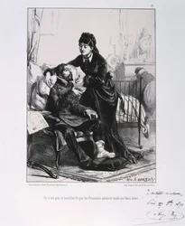 Žena krmící zraněného vojáka polévkou, Obléhání Paříže, francouzsko-pruská válka, 1870 1871