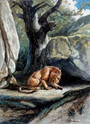 Ilustrace bajky „Lev a krysa““ od Jean de La Fontaine. Akvarel od Augusta Delierra (1829-c.1890)