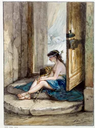 Ilustrace bajky „Muž, který běží za štěstím a muž, který na něj čeká ve své posteli“ od Jean de La Fontaine. Akvarel od Augusta Delierra (1829-c.1890)