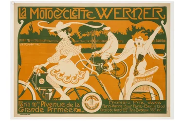 Motocykl Werner. Paříž, 10 Avenue de la Grande Armée. 1. místo v závodech Paříž-Vídeň 1500 km, Paříž-Berlín 1200 km.