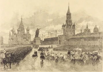 Korunovace cara. Císařský průvod prochází přes Královské náměstí, 1883.