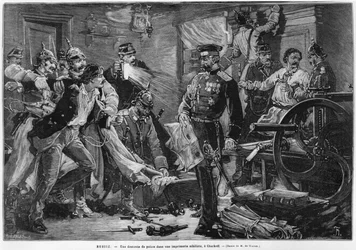 Ruská policie objevila nihilistickou tiskárnu v Charkoffu, z "Le Monde Illustre", únor 1881.