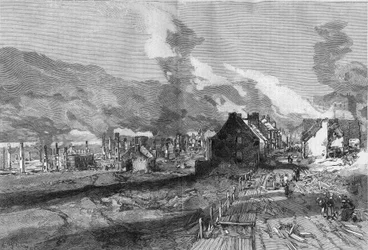 Pohled na ruiny Quebec City (Kanada) po požáru v červnu 1881. Rytina od Lepere v „“The Illustrous World““ č. 1267 z 9. července