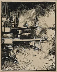 Bomba explodující na kyrysu s namířenými děly, 1914.