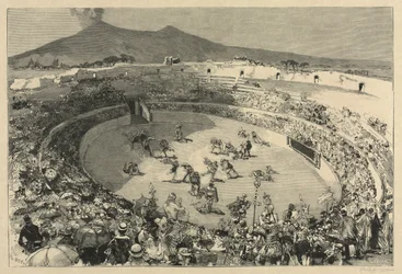 Itálie. Festival v Pompejích, cirkus gladiátorů, 1884.