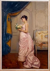Sweet Ticket Mladá žena čte milostný dopis od obdivovatele s kyticí květin. Obraz Auguste Toulmouche (1829-1890) 1883 Sun. 0,66x0,45 m Nantes, musee des Beaux Arts