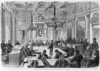 Členové komuny na zasedání v Hotel de Ville, Salle des Maires, Paříž, 1871