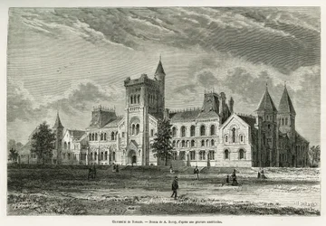 University of Toronto, kresba A.Deroye, k ilustraci příběhu exkurze do Kanady a Severní Rudé řeky v roce 1873 od H. de Lamotte. Rytina v Le tour du monde
