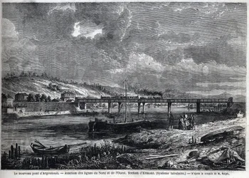 Nový most má Argenteuil. Spojení severní a západní tratě. Ermontova sekce (trubkový systém). Rytina podle skici od Ralpha v „“ Le Monde illustrious“, 29. 8. 1863. Soukromá sbírka.