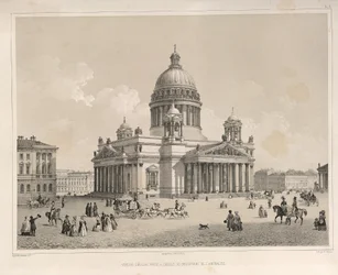 Katedrála svatého Izáka, jak je vidět z Admiraltejského prospektu Z: Stavba katedrály svatého Izáka, 1845