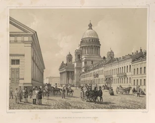 Katedrála svatého Izáka, jak je vidět z Kavalerie Manéž z: Stavba katedrály svatého Izáka, 1845