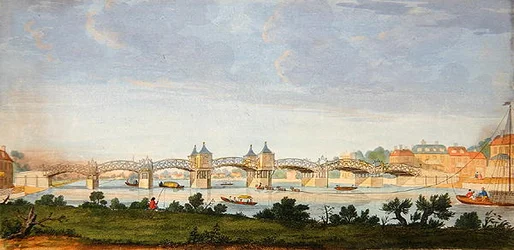 Perspektivní pohled na most Hampton Court přes řeku Temži, vyryl Charles Grignion (1717-1810) kolem roku 1754 (barevná rytina)