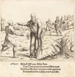 Elisha potrestá Gehaziho Naamanovou malomocenstvím, 1547.
