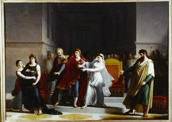 Poslední scéna tragédie "Rodogune" v Théâtre-Français, 1810 (olej na plátně)