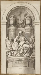 Studie pro pohřební památník, 1750 (černá křída, pero a hnědý inkoust, hnědé a šedé lazury, bílé zvýraznění na dvou spojených listech)