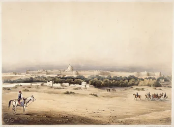 Sir Charles Napier v popředí následovaný svým doprovodem koně Scinde, Hyderabad, kolem roku 1850 (barva litho)