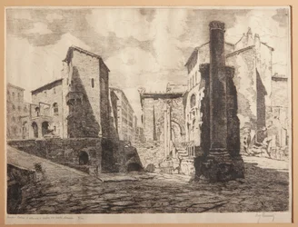 Řím, Porticus z Octaviae a ruiny Marcellova divadla (lept na papíře)