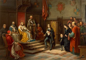Fridrich III., který byl donucen k pochodu proti Turkům terstským básníkem Raffaelem Zovenzonim, Augustem Tominzem (1818-1883)
