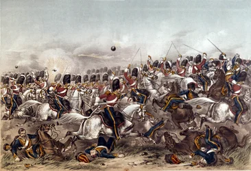 Bitva u Balaklavy. Skvělý útok Scots Greys, 25. října 1854, rytina Augusta Butlera, vydali Stannard a Dixon, Londýn, 6. ledna 1855