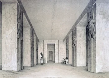 Interiér severního chrámu, Ebsamboul, Núbie, Egypt, 19. století