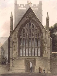 Exteriér Merton College, obrácený k severnímu oknu Ante kaple, ilustrace z 