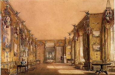 Interiér žlutého salonu v Brighton Pavilion, cca 1820 (akvarel a kvaš na papíře)