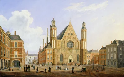 Binnenhof v Haagu s výhledem na Ridderzaal s vojáky a dalšími postavami na nádvoří