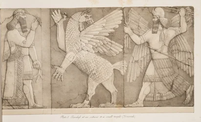 Basreliéfy u vchodu do malého chrámu (Nimroud), z Monuments of Niniveh, hospoda. 1849