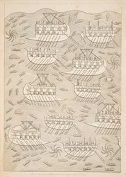 Nepřátelé Asyřanů ukrývající se na lodích (Kouyunlik), z Monuments of Niniveh, hospoda. 1849
