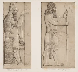 Rybí bůh (Nimroud) a postava u vchodu (Kouyunjik), z Monuments of Ninive, hospoda. 1849