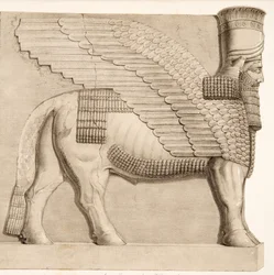 Býk s lidskou hlavou a okřídlená postava z brány ve zdi obklopující Kouyunjik, z hospody Monuments of Niniveh. 1849