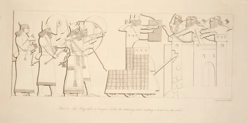 Král před obleženým hradem, beranidlo prorážející hradby, hospoda Monuments of Niniveh. 1849