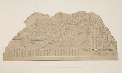 Dobytí kmene obývajícího močál (Kouyunjik), z Monuments of Ninive, hospoda. 1849