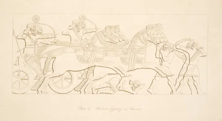 Bojovníci bojující ve vozech, z Monuments of Niniveh, hospoda. 1849