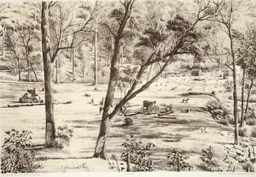 Free Selectors Hut, z Historie Australasie od Davida Blaira, McGradyho, Thomsona a Nivena, 1879