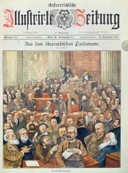 Bouřlivé zasedání v rakouském parlamentu ve Vídni, 1897