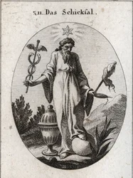 Alegorie osudu. Hvězda nad ní ukazuje účinky astrologie na události lidského života. V jedné ruce drží opadavý symbol své moci a v druhé symbol orobince a vřeteno, jehož přetržená nit naznačuje křehkost života. Země h
