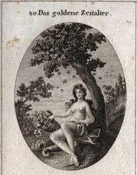 Alegorii zlatého věku představuje s rohem hojnosti ovoce, sedící vedle olivovníku, symbol míru, uprostřed kterého je roj včel. Rytí do „obrazové“ ikonologie nebo myšlenek z říší vášní a alegorií