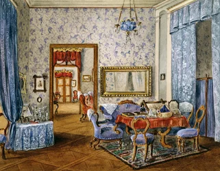 Ložnice ve stylu biedermeieru, kolem roku 1830, akvarel, Rakousko
