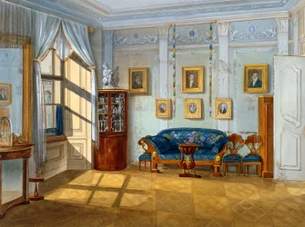 Salón ve stylu biedermeieru, cca 1830, akvarel, Rakousko