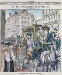 Rakouský císař Franz Josef přijíždějící do katedrály sv. Štěpána ve Vídni na oslavu svátku Božího těla (Fronleichnam), 1897;