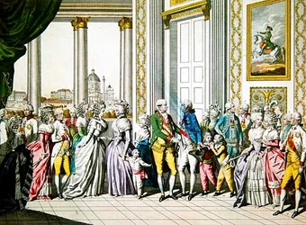 Císař Leopold II. a jeho rodina vítá Ferdinanda I., krále neapolského a sicilského a jeho rodinu ve Vídni